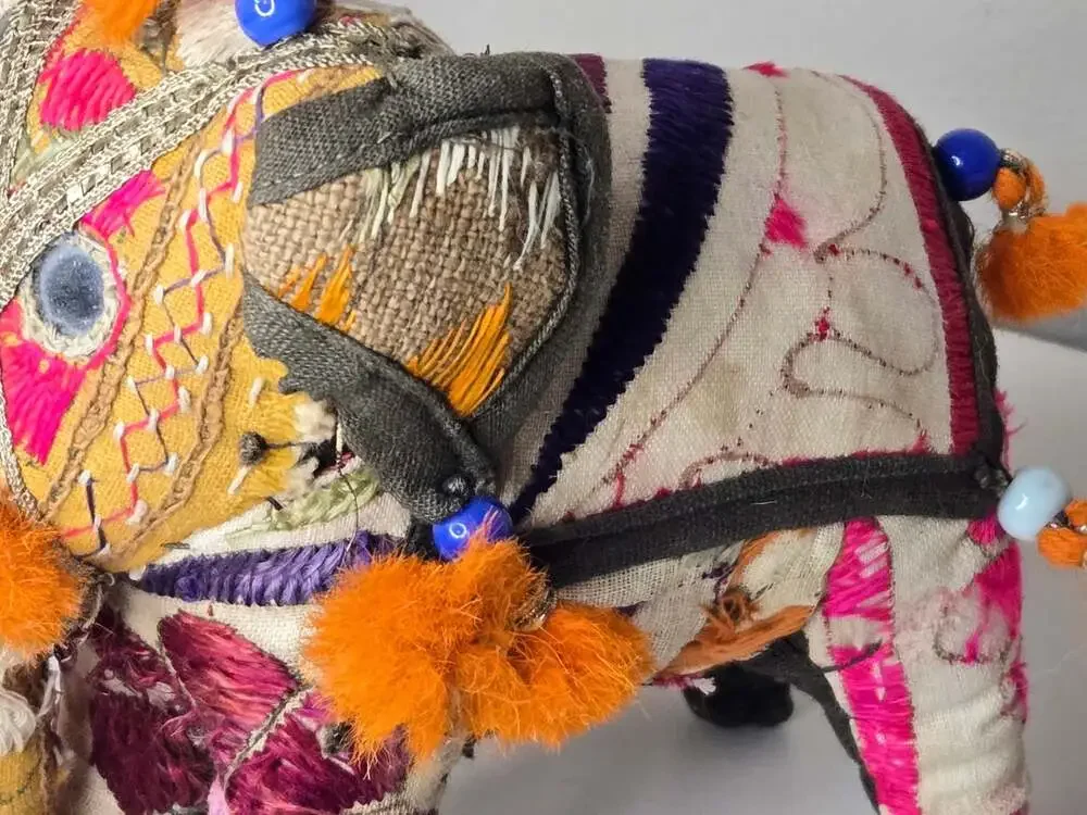 Vintage Handcrafted Indian Folk Art Patchwork Embroidered Beaded Elephant Figure